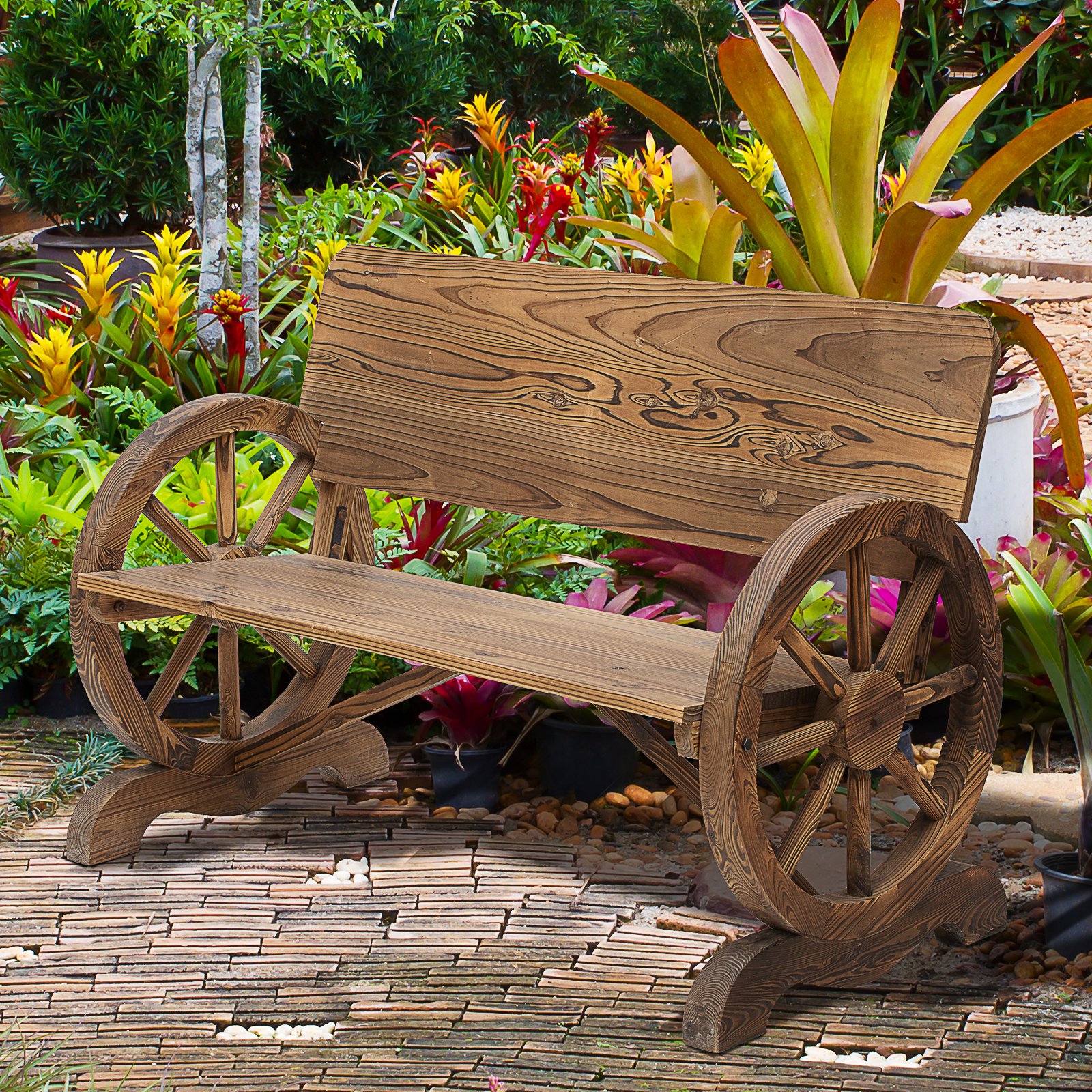 Garden bench with wagon wheels